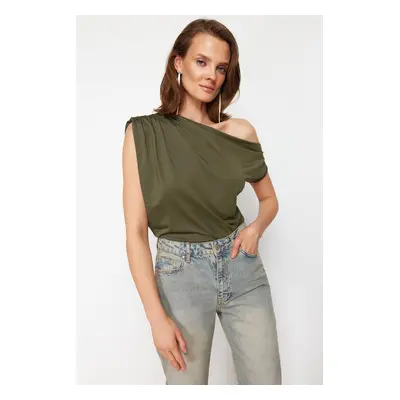 Trendyol Khaki Regular/Normal Fit Asymmetric Collar Zero Sleeve Stretch Knitted Blouse