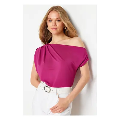 Trendyol Fuchsia Regular/Normal Fit Asymmetric Collar Zero Sleeve Flexible Knitted Blouse