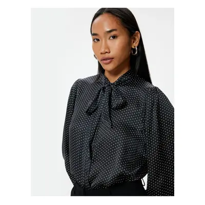 Koton Polka Dot Satin Shirt with Bow Detail Scarf Collar Long Sleeve