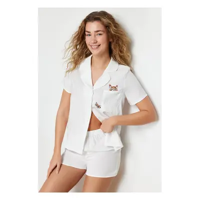 Trendyol White Cat Embroidered Woven Pajama Set