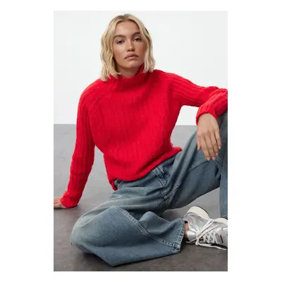 Trendyol Red Soft Textured Knit Detailed Stand Collar Seamless Knitwear Sweater