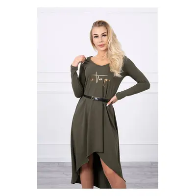 Dress with decorative belt and khaki inscription