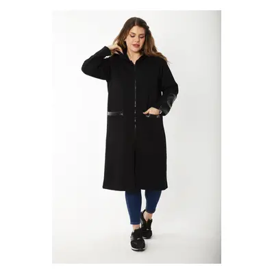 Şans Women's Plus Size Black Front Zippered Hooded Unlined Faux Leather Garnish Coat