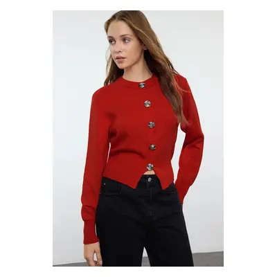 Trendyol Dark Red Premium Yarn/Special Yarn Crop Rose Button Detail Knitted Cardigan