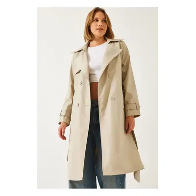 Bianco Lucci Women's Double Breasted Neckline Belted Trench Coat with Pockets