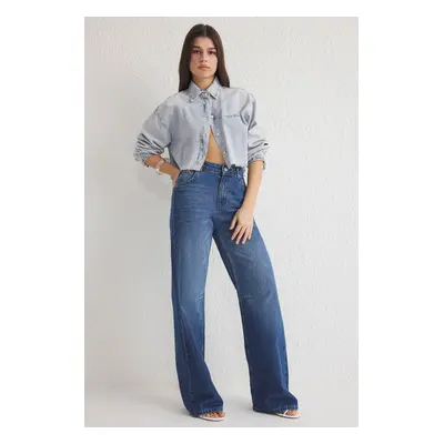 Trendyol Blue Stitch Detail Normal Waist Wide Leg Jeans