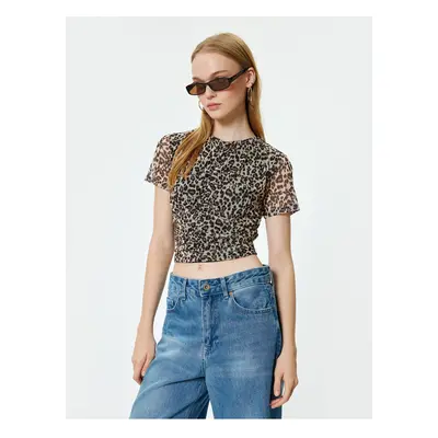 Koton Chiffon Blouse Leopard Patterned Short Sleeve Gathered Crew Neck