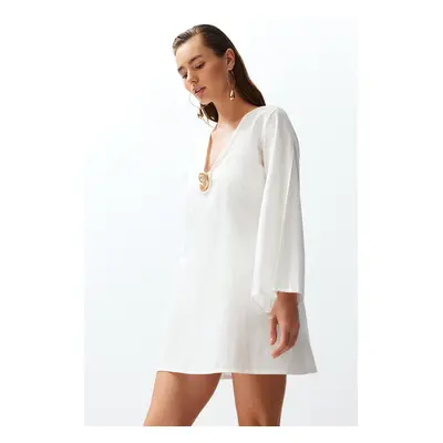 Trendyol White Mini Woven 100% Cotton Beach Dress with Premium Accessories