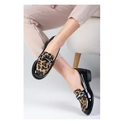 Mio Gusto Black Color Patent Leather And Leopard Pattern Women's Casual Oxford Flat Shoes