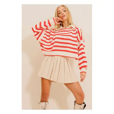 Trend Alaçatı Stili Women's Red Polo Neck Striped Crop Knitwear Sweater