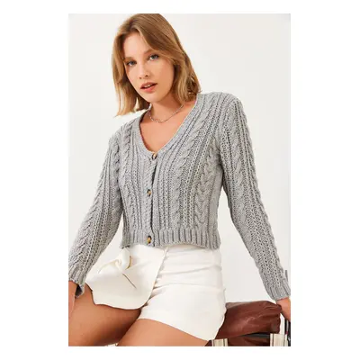 Bianco Lucci Women's V-Neck Hair Braided Knitwear Cardigan