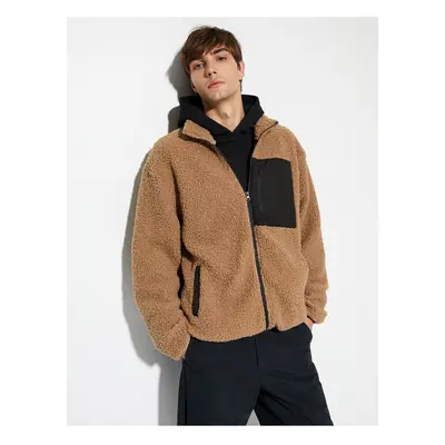 Koton Plush Jacket Zippered Pocket Detail High Neck