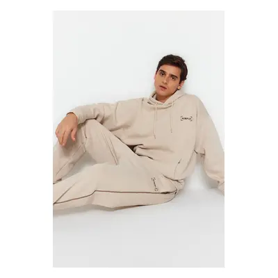 Trendyol Stone Oversize/Wide Cut Hooded Embroidered Warm Sweatshirt Tracksuit