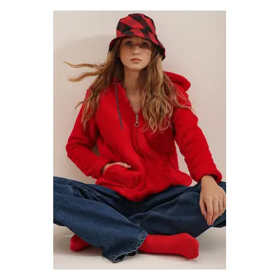 Trend Alaçatı Stili Women's Red Hoodie with Zipper Front Double Pocket Oversized Plush Sweatshir