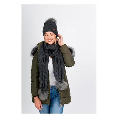 Women's winter set cap + scarf with pompoms - dark gray