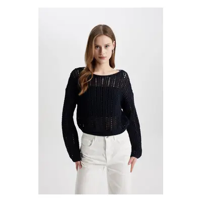 DEFACTO Crop Boat Neck Crochet Sweater