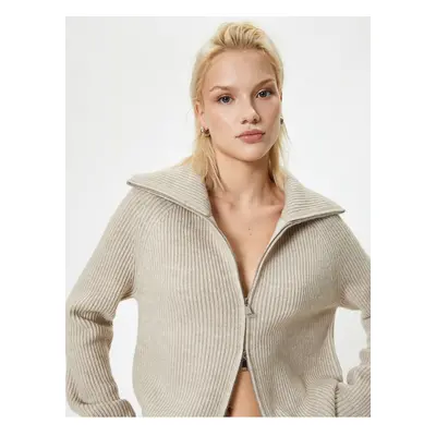 Koton Knitted Cardigan Double-Sided Zipper Stand Collar Camisole Ribbed