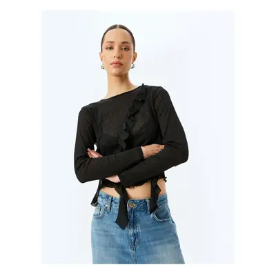 Koton Long Sleeve Crew Neck Semi-Transparent Asymmetric Ruffle T-Shirt