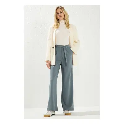 Trendyol Light Anthracite Belted Wideleg/Wide Leg High Waist Smart Crepe Fabric Knitted Trousers