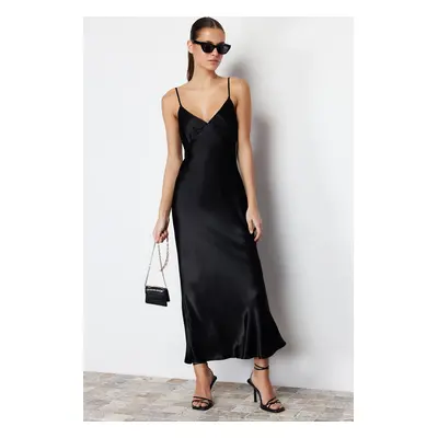 Trendyol Black Straight Cut Satin Strappy Maxi Woven Dress