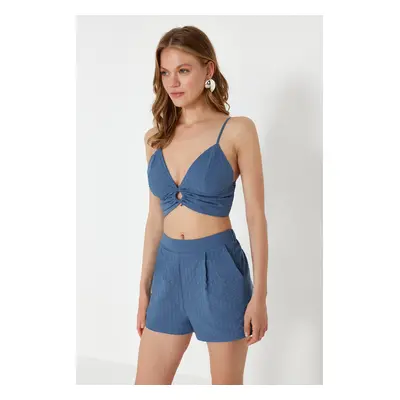 Trendyol Blue Woven Accessory Blouse Shorts Set