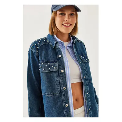 Bianco Lucci Women's Stone Detailed Denim Jacket