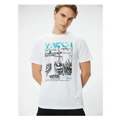 Koton Marine Printed T-Shirt with Slogan Crew Neck Short Sleeve