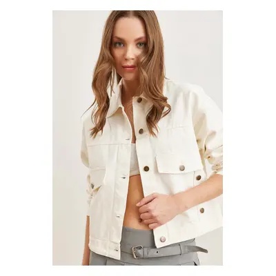 Olalook Women's White Pocket Button Detail Crop Cotton Jacket