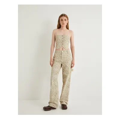 Koton Leopard Trousers Straight Leg Standard Waist Pocket Buttoned Cotton