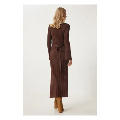 Happiness İstanbul Women's Brown Belted Ribbed Long Knit Dress