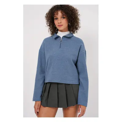 Bigdart Zippered Collar Knitted Sweatshirt - Indigo