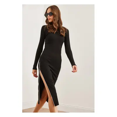 Olalook Women's Black Side Deep Zipper Slit Flexible Midi Dress