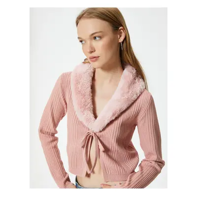 Koton Crop Cardigan Collar with Faux Für Tie Detail Slim Fit