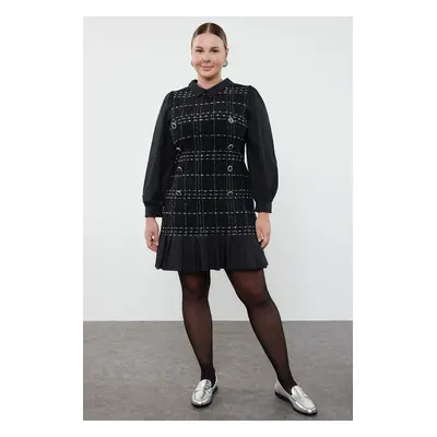 Trendyol Curve Black Shirt Collar Plaid-Plaid Mini Tweed Dress