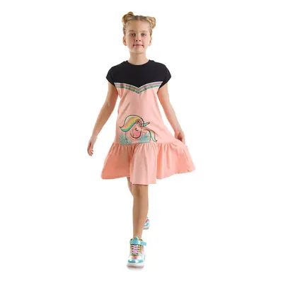 Denokids Floral Unicorn Girl's Salmon Black Summer Combed Cotton Dress