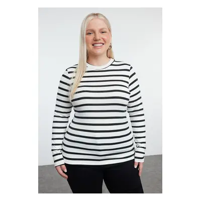 Trendyol Curve Black-White Striped Soft Stretchy Knit Plus Size Blouse