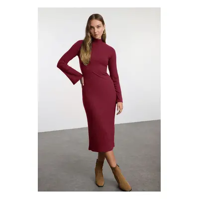 Trendyol Burgundy Straight Slit Midi Fitted/Fits Body Ribbed Stretch Knit Dress