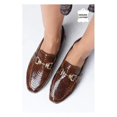 Mio Gusto Jordane Genuine Leather Brown Animal Patterned Flat Toe Women's Loafer Shoes