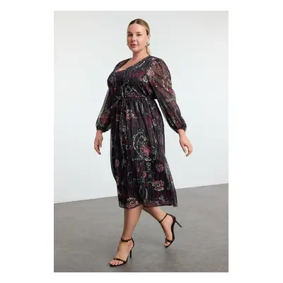 Trendyol Curve Black Floral Glitter Woven Chiffon Lined Plus Size Dress