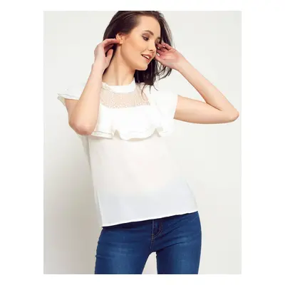 Blouse with stand-up collar and frill ecru