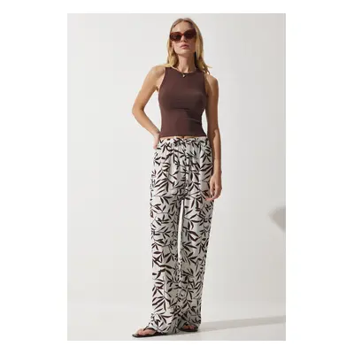 Happiness İstanbul Women's Ecru Brown Patterned Flowing Viscose Palazzo Trousers