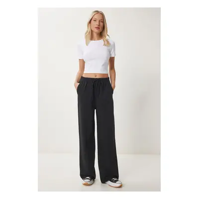 Happiness İstanbul Women's Black Pale Effect Wide Leg Denim Palazzo Pants