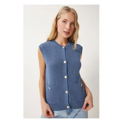 Happiness İstanbul Women's Indigo Blue Stylish Buttoned Pocket Knitwear Vest