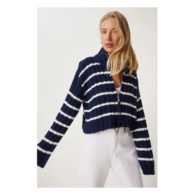 Happiness İstanbul Women's Navy Blue Zippered Striped Stand Collar Knitwear Cardigan