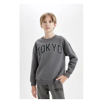 DEFACTO Boy Anthracite Oversize Wide Pattern Crew Neck Thick School Sweatshirt