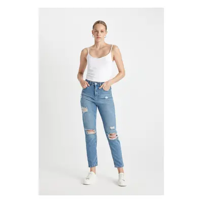 DEFACTO Lina Lina Mom Fit Ripped Detailed High Waist Ankle Length Jean Washed Trousers