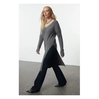 Trendyol Anthracite Slit Detailed Tunic Length Soft Texture Knitwear Sweater