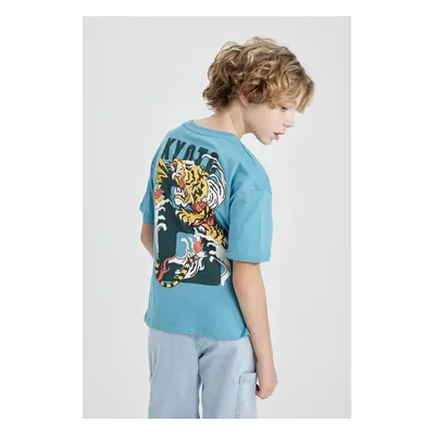 DEFACTO Boy's Oversize Fit Crew Neck Back Printed Short Sleeve T-Shirt