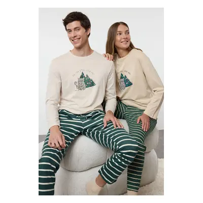 Trendyol Beige Striped Regular Fit Couple Christmas Knitted Pajamas Set