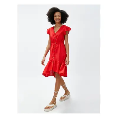 Koton V-Neck Dress Linen Blend Ruffle Buttoned Waist Tied